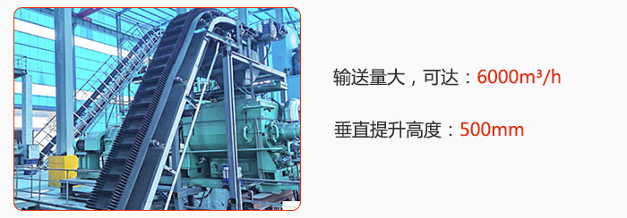 大傾(qīng)角帶式輸送機輸送量大,可達:6000m³/h,垂直提升高度:500mm