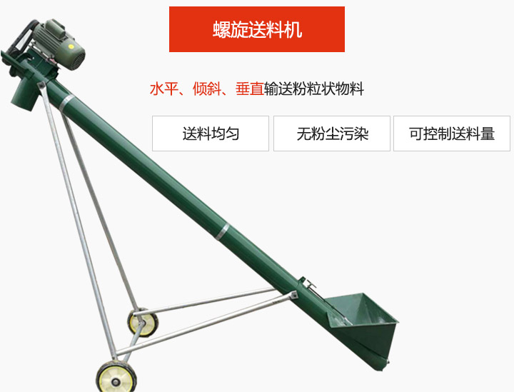 螺旋送（sòng）料機適用於水（shuǐ）平或傾斜輸送粉狀、粒狀和小塊狀物（wù）料（liào），密封效（xiào）果好